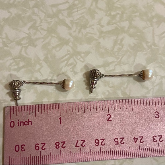 Vintage 14K White Solid Gold Genuine Pearl Pierced Earrings #8032 - Picture 3 of 6